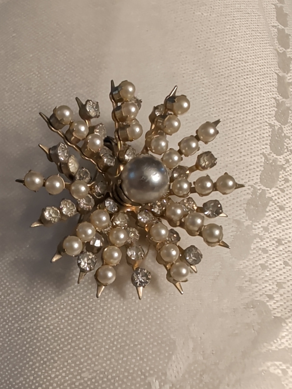 Coro Vintage Signed Brooch Faux Pearls rhinestone diamonds, atomic sun burst